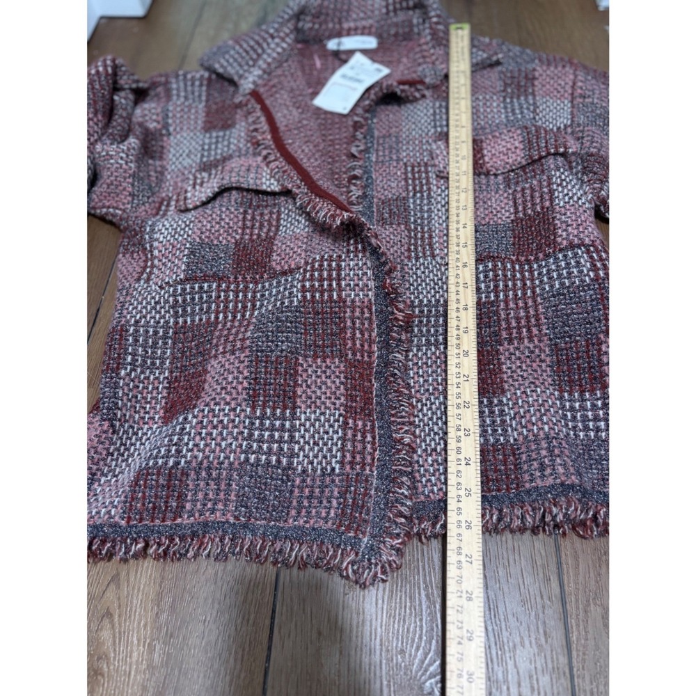 Zara Pink Metallic Tweed Plaid Fringe Belted Shirt Jacket Size M NWT - Picture 9 of 13